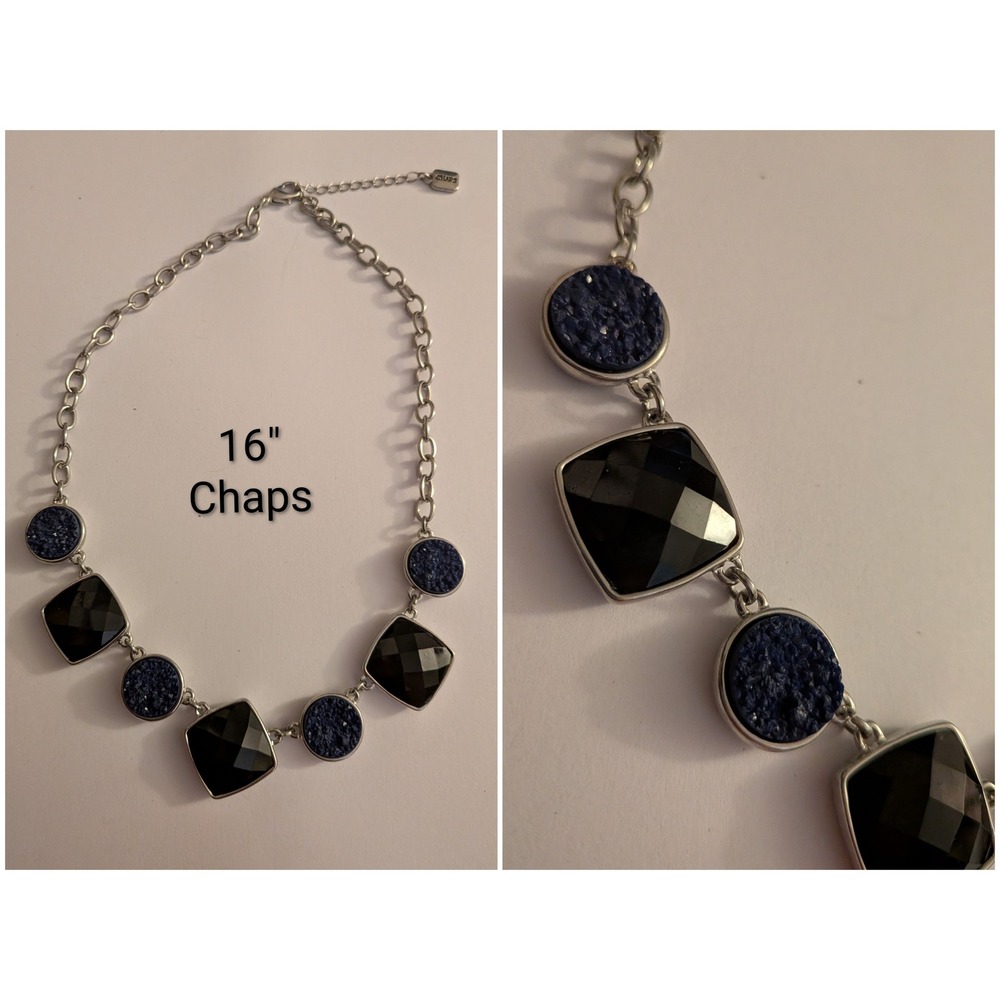 Chaps Womens Silver Tone Blue Faux Druzy Black Faceted Stone Statement Necklace